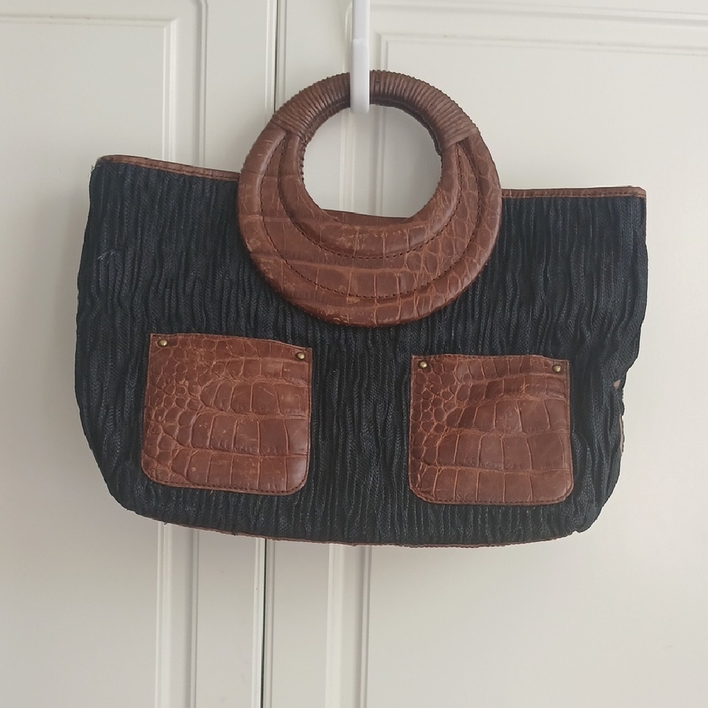 Donald J. Pliner Ruched Black/Brown Crocodile Leather Purse/Tote Bag